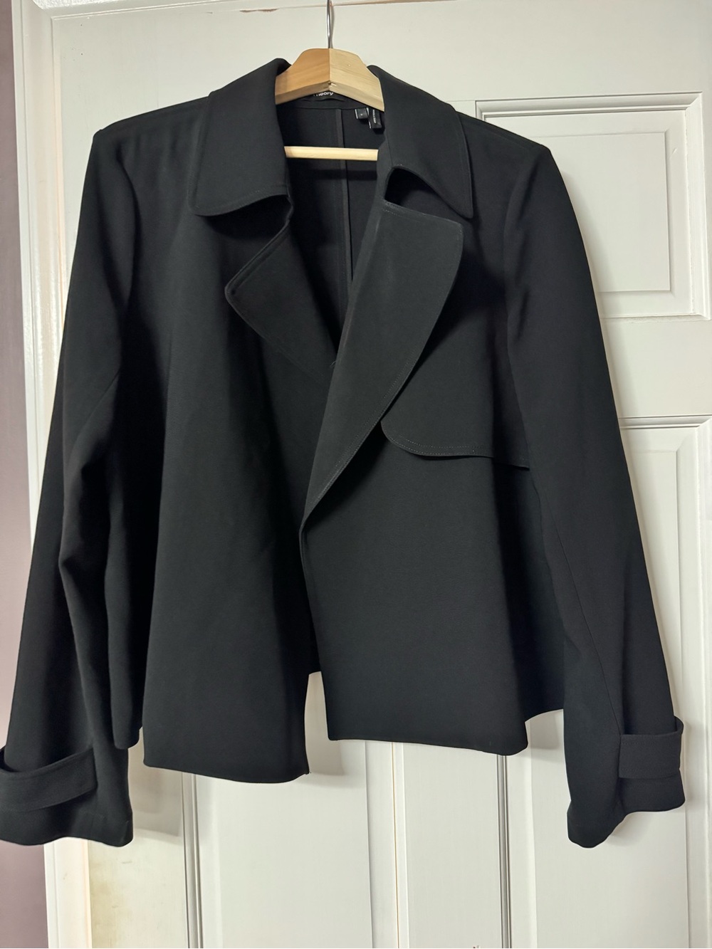 Theory Ménefer Modern Crepe Asymmetric Blazer Jacket L trench cropped black